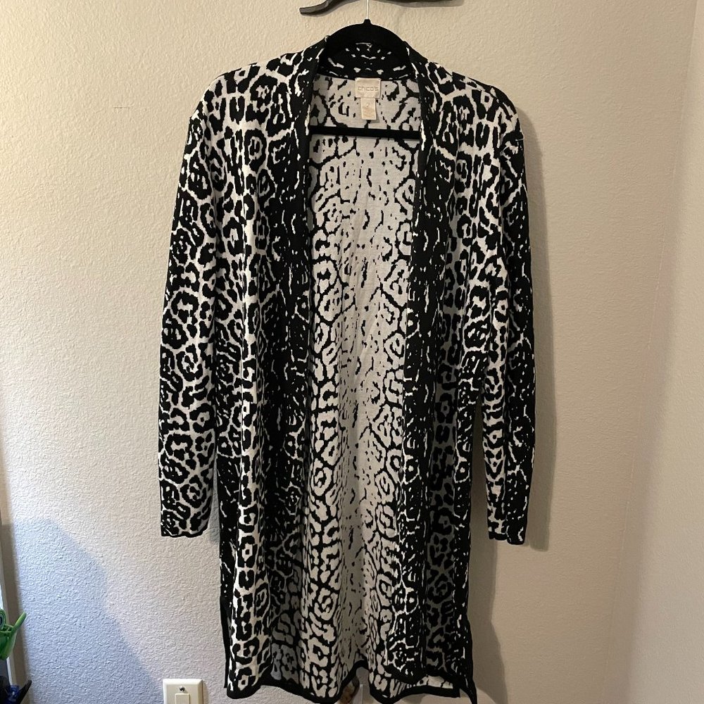 Chico's Cardigan Sweater Long Sleeve Open Front Rib Knit Black White Size 2